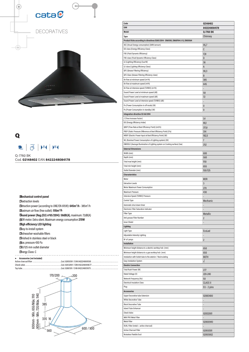 Página 1 del manual Ficha técnica CATA Q-7790 BK