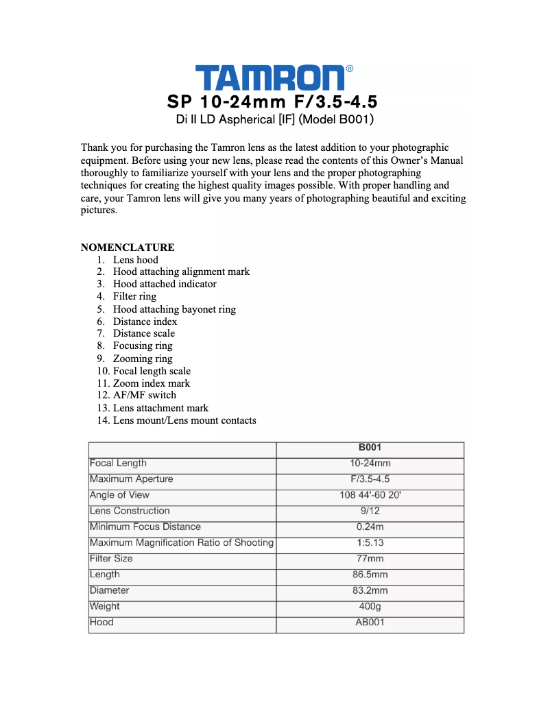 Página 1 del manual Manual de usuario Tamron SP 10-24mm F-3.5-4.5