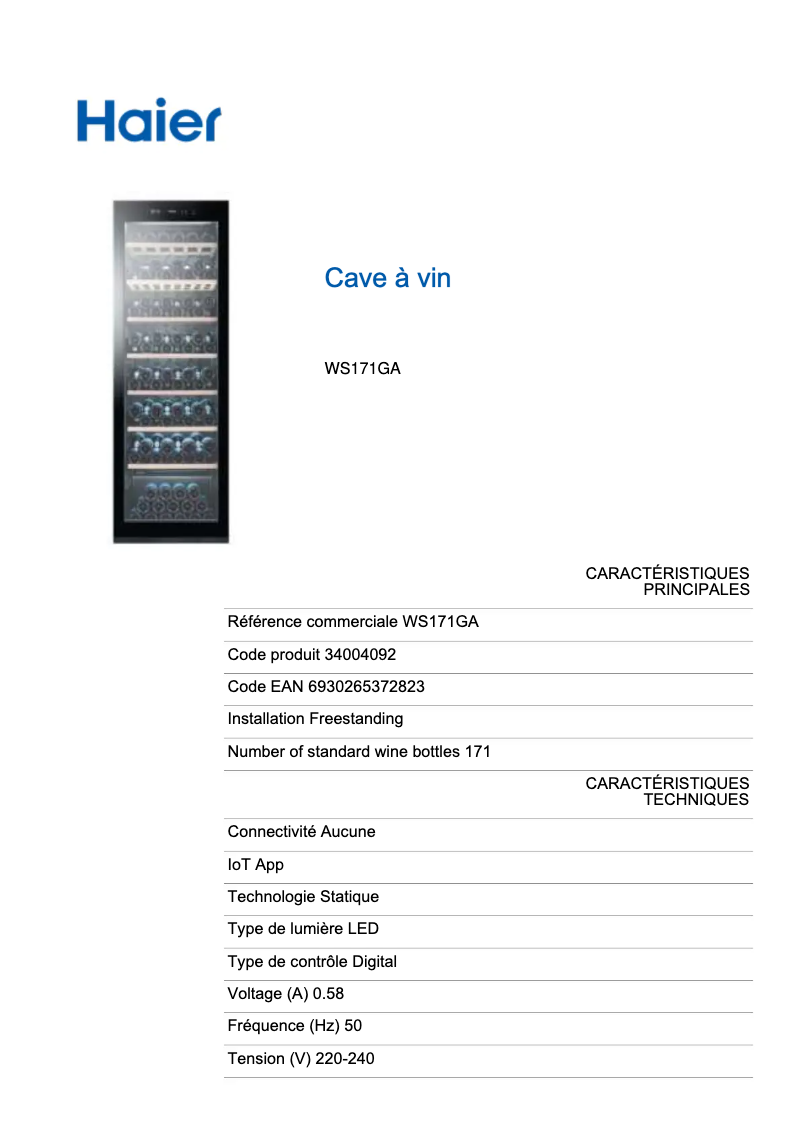 Página 1 del manual Ficha técnica Haier WS171GA