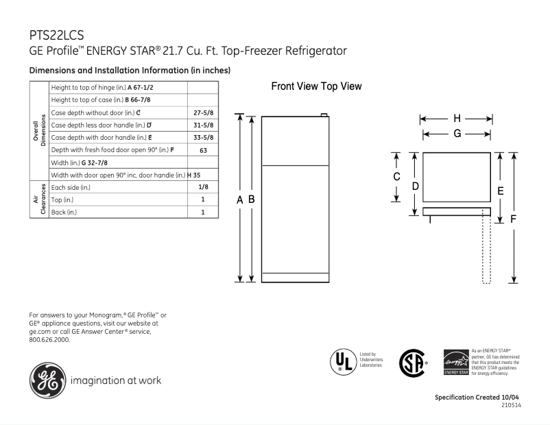 Página 1 del manual Ficha técnica GE PTS22LCSWW