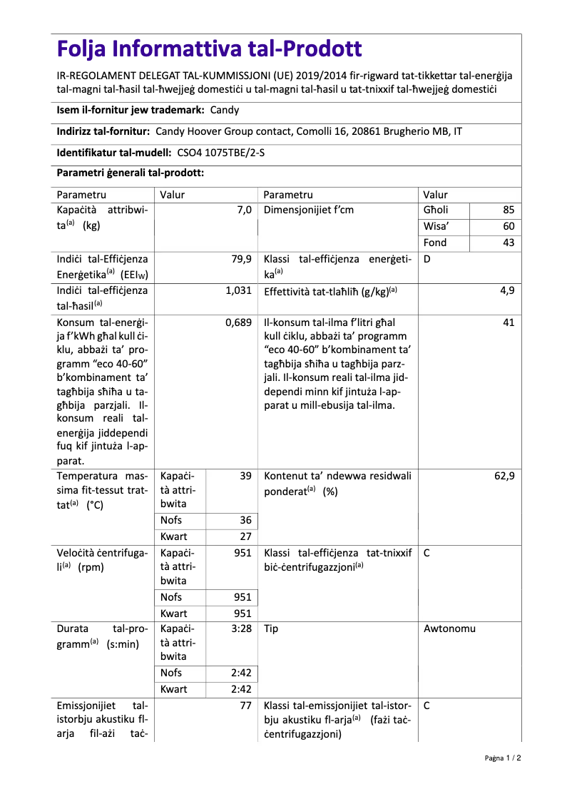 Página 1 del manual Ficha técnica Candy CSO4 1075TBE/2-S