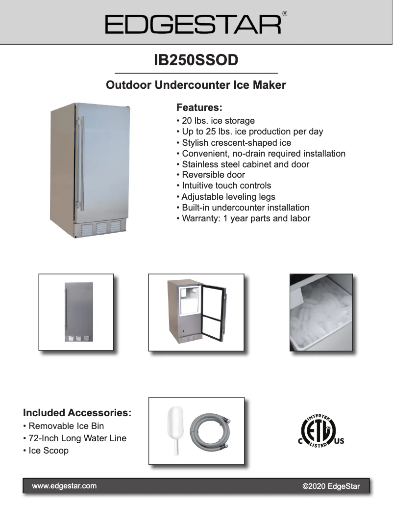 Página 1 del manual Ficha técnica EdgeStar IB250SSOD