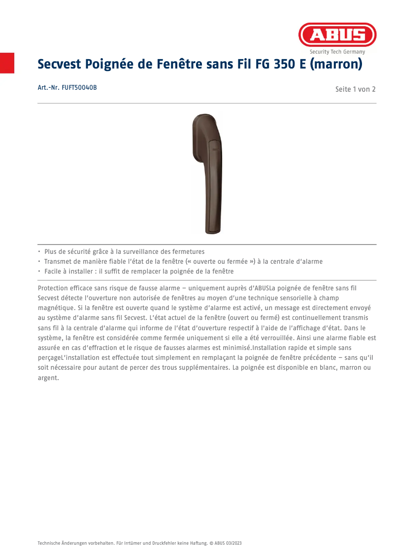 Página 1 del manual Ficha técnica Abus FUFT50040B