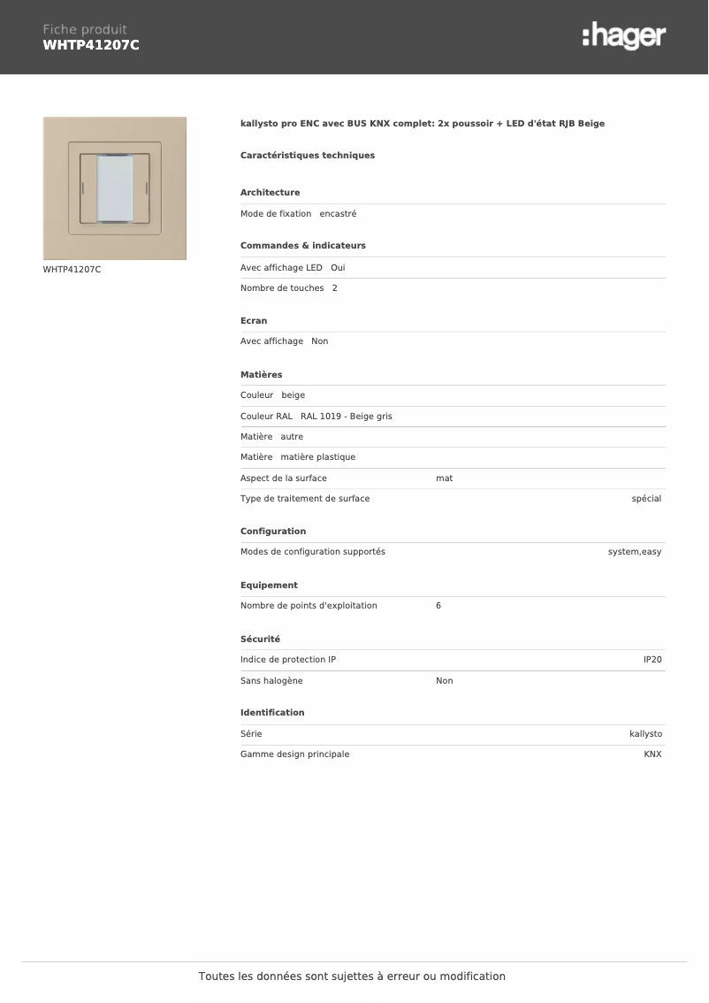 Página 1 del manual Ficha técnica Hager WHTP41207C