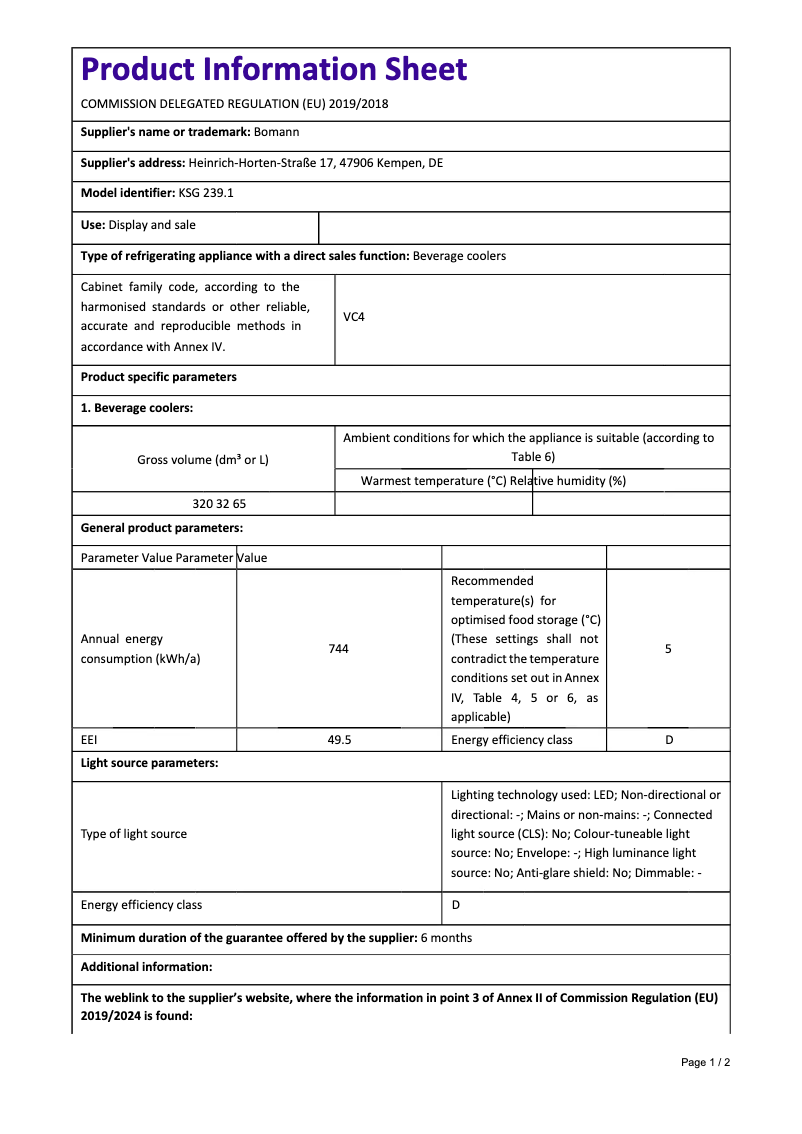 Página 1 del manual Ficha técnica Bomann KSG 239.1