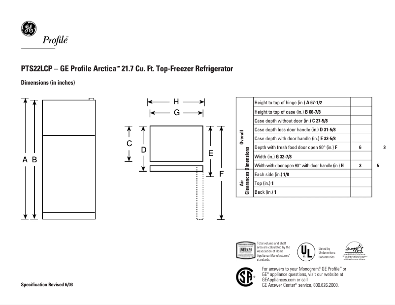 Página 1 del manual Ficha técnica GE PTS22LCPWW