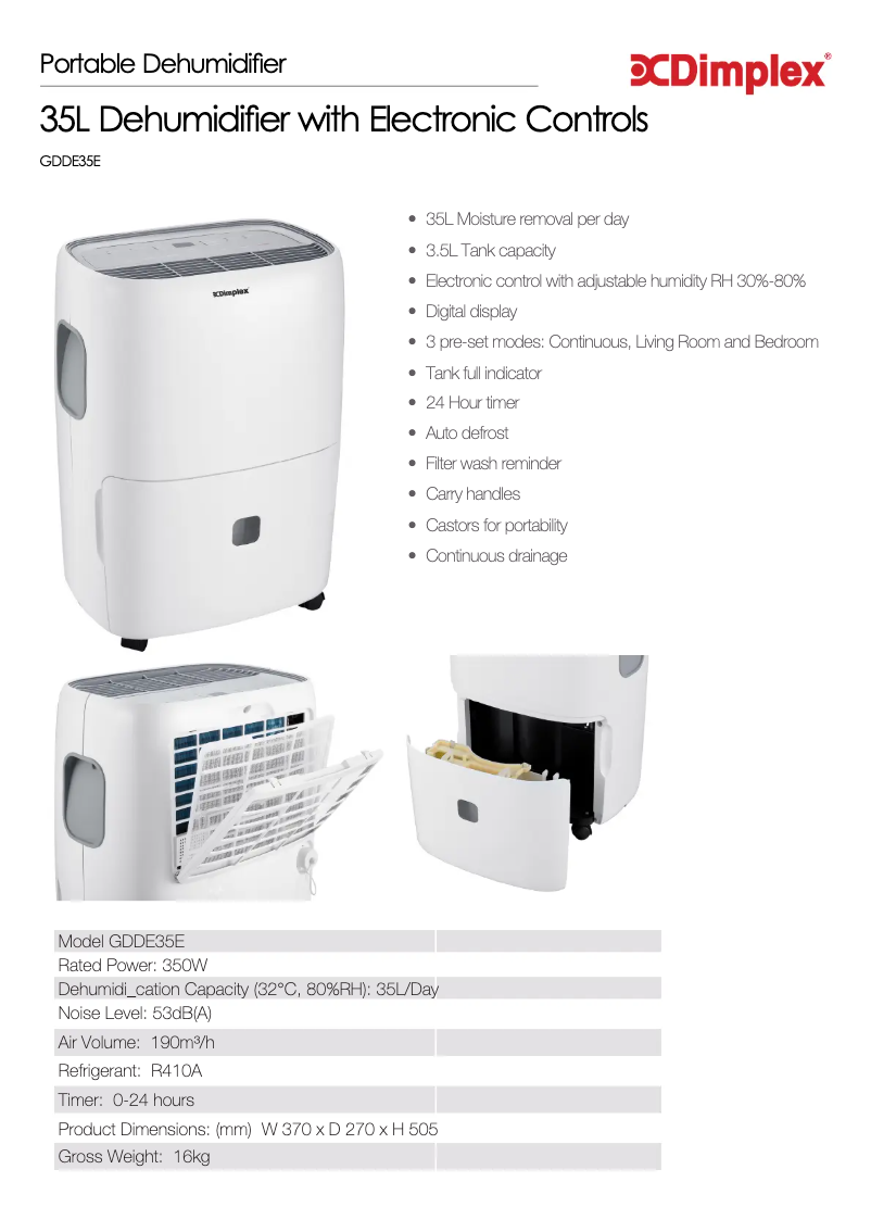 Página 1 del manual Ficha técnica Dimplex GDDE35E