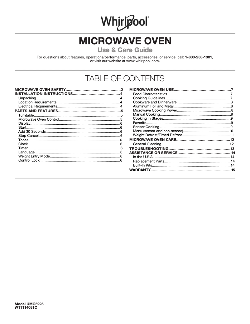 Página 1 del manual Ficha técnica Whirlpool UMC5225GZ