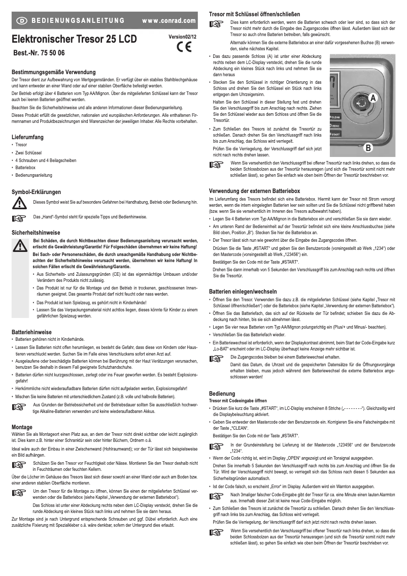 Imagen de la primera página del manual del dispositivo Electronic Safe 25 LCD