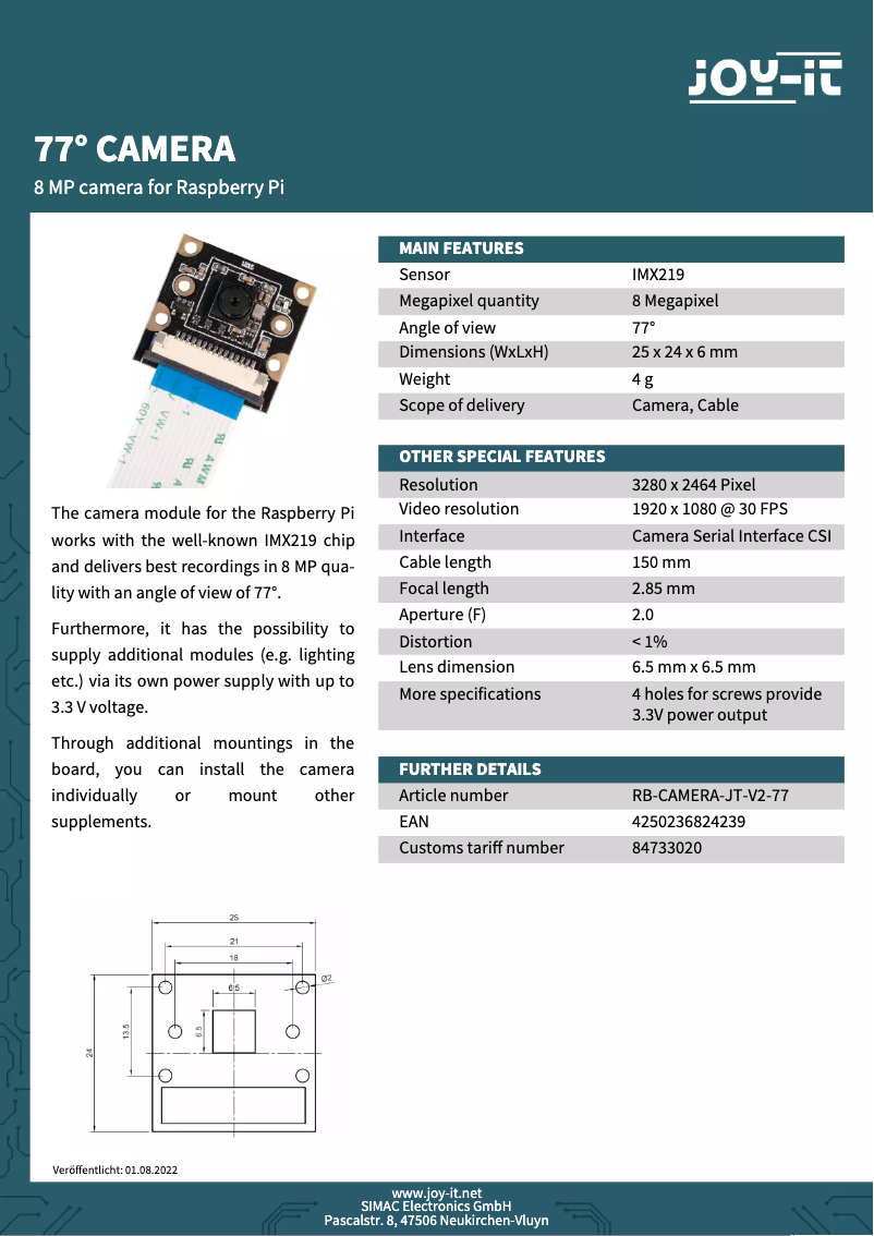 Imagen de la primera página del manual del dispositivo RB-CAMERA-JT-V2-77
