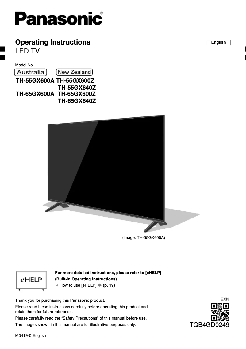 Imagen de la primera página del manual del dispositivo TH-65GX600A