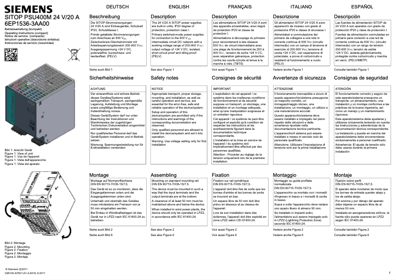 Página 1 del manual Manual de usuario Siemens SITOP PSU400M 24 V/20 A