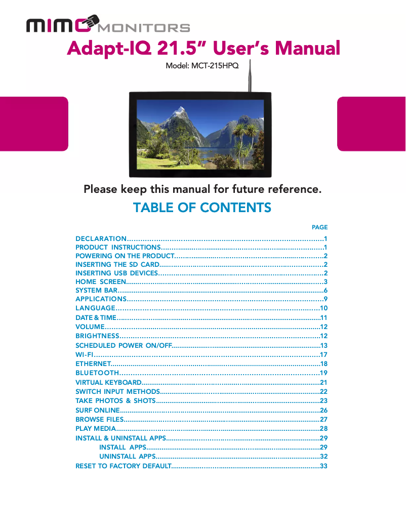 Página nº 1 - Manual de usuario Mimo Monitors Adapt-IQV MCT-215HPQ