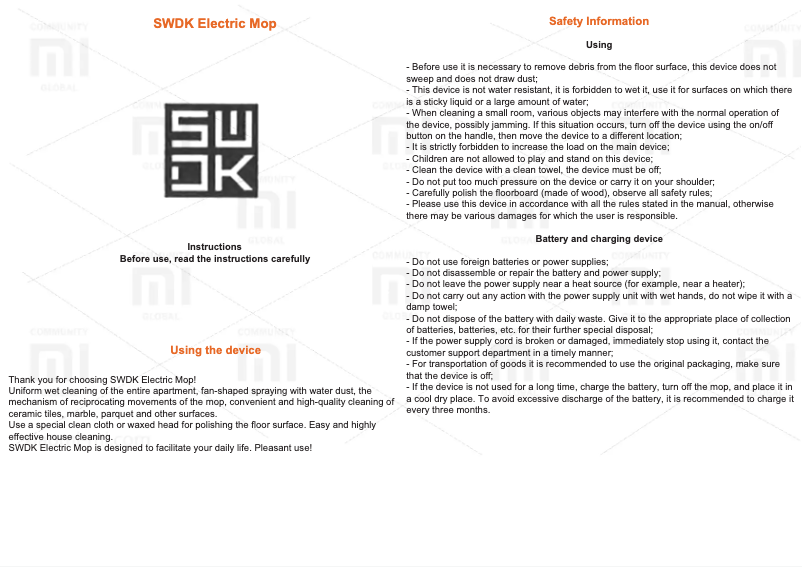 Página 1 del manual Manual de usuario Xiaomi SWDK Handheld Electric Mop
