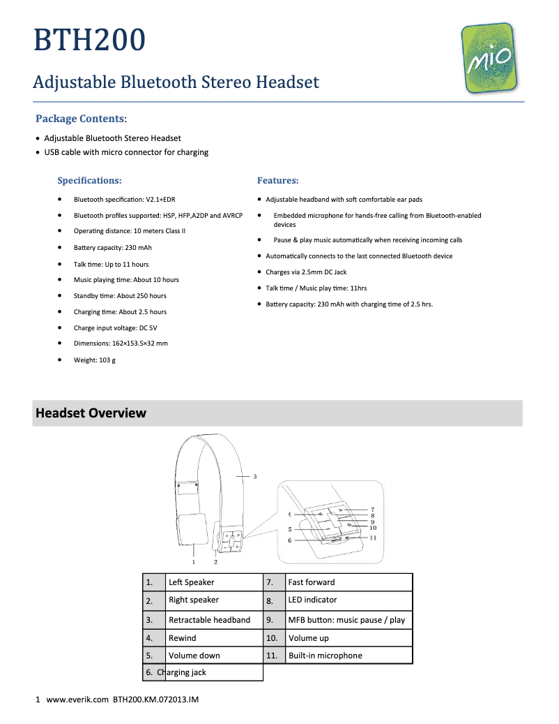 Imagen de la primera página del manual del dispositivo BTH200