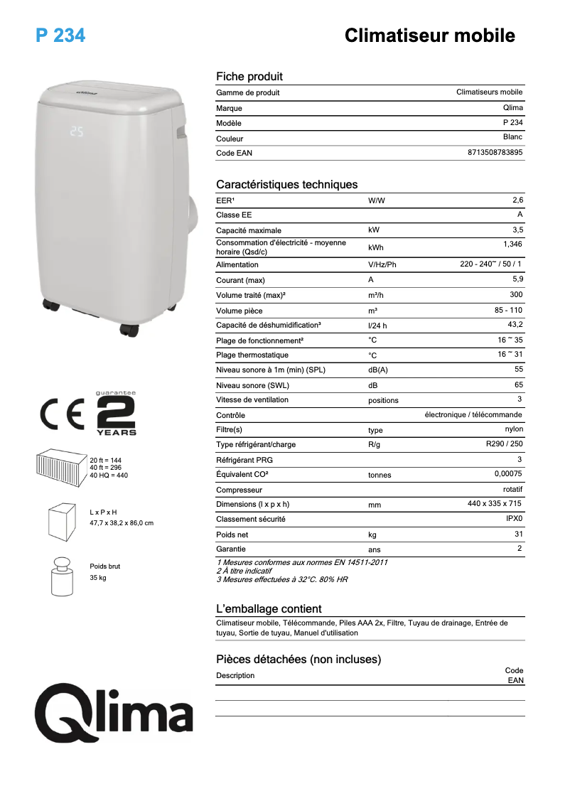 Página 1 del manual Ficha técnica Qlima P234