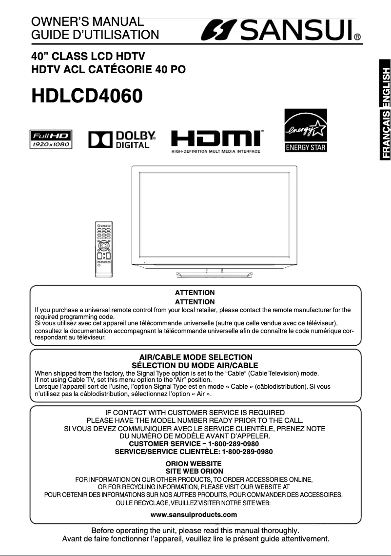 Imagen de la primera página del manual del dispositivo HDLCD4060
