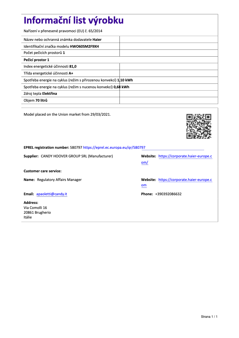 Página 1 del manual Ficha técnica Haier HWO60SM2F9XH