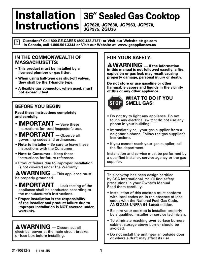 Página 1 del manual Guía de instalación GE ZGU36KBKBB