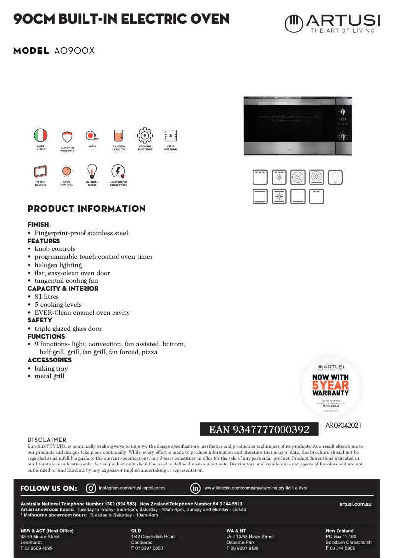 Página 1 del manual Ficha técnica Artusi AO900X