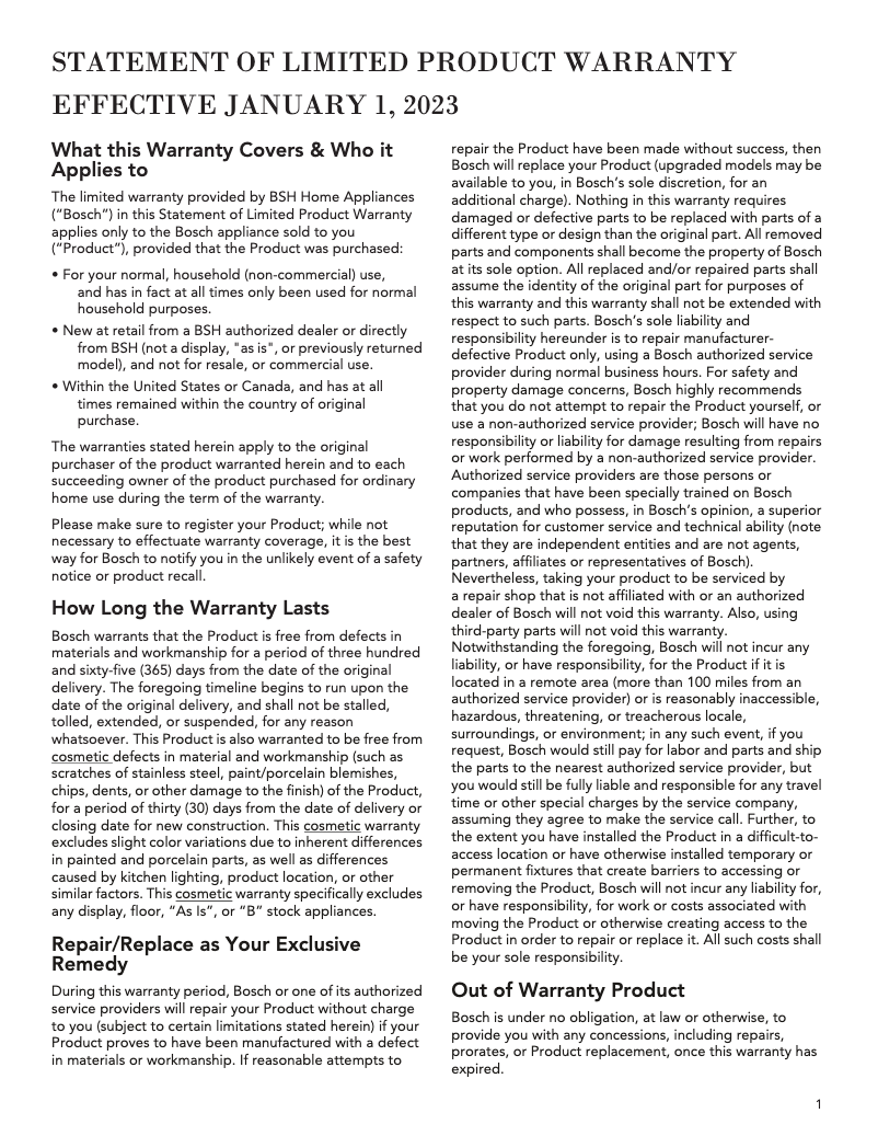 Página nº 1 - Información de garantía Bosch B24CB50ESS