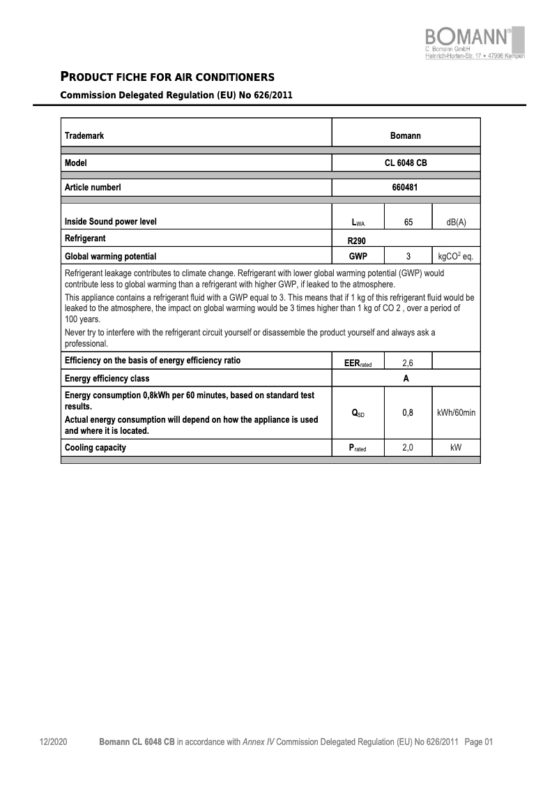 Página 1 del manual Ficha técnica Bomann CL 6048 CB
