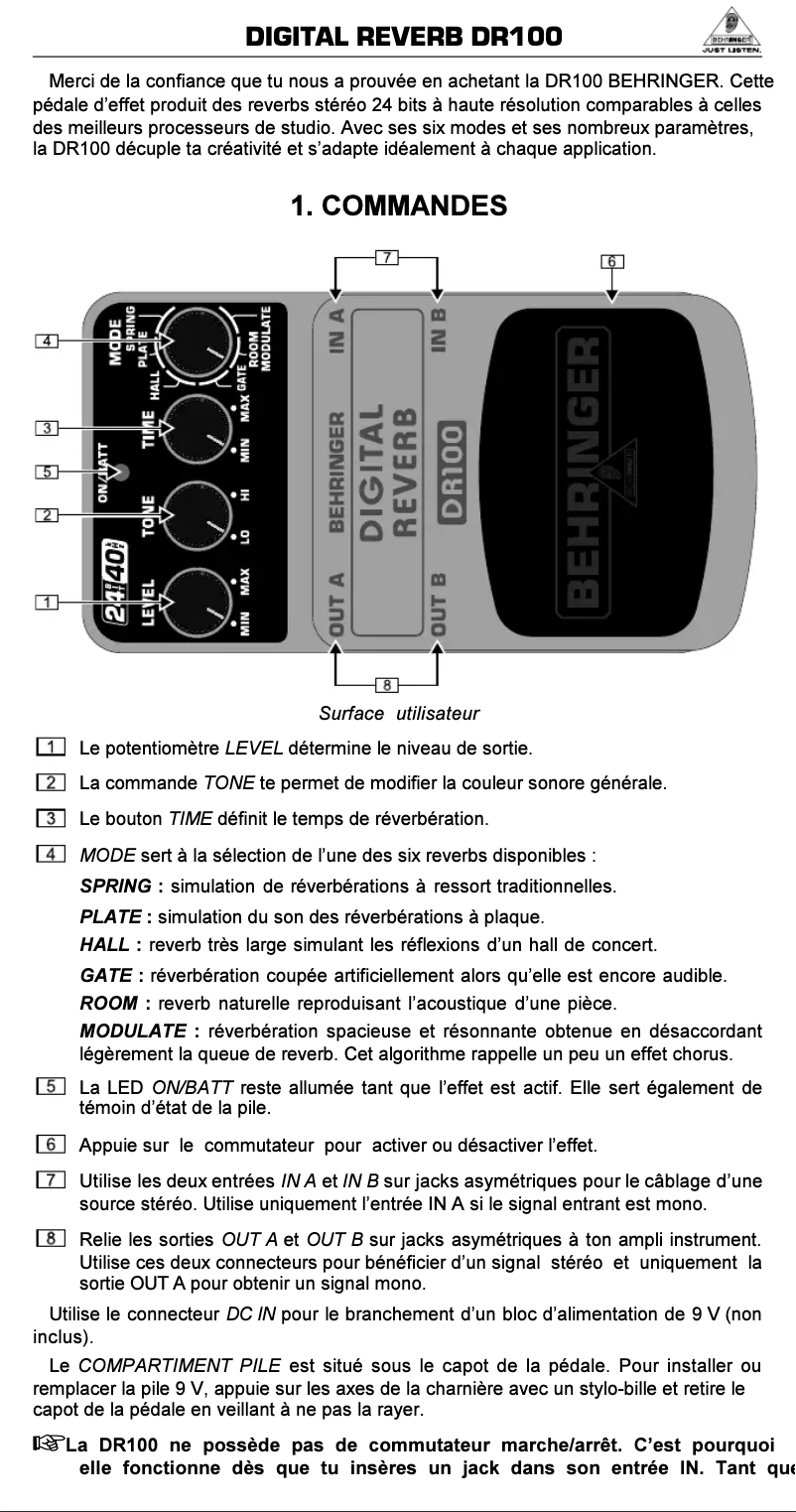 Imagen de la primera página del manual del dispositivo Digital Reverb DR100