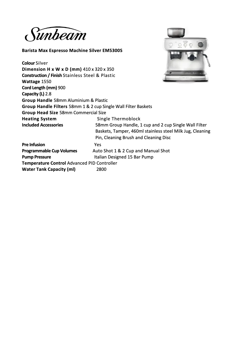 Página nº 1 - Ficha técnica Sunbeam Barista Max EM5300