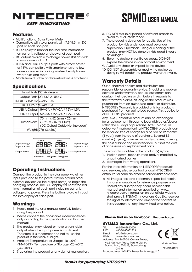 Página 1 del manual Manual de usuario Nitecore SPM10