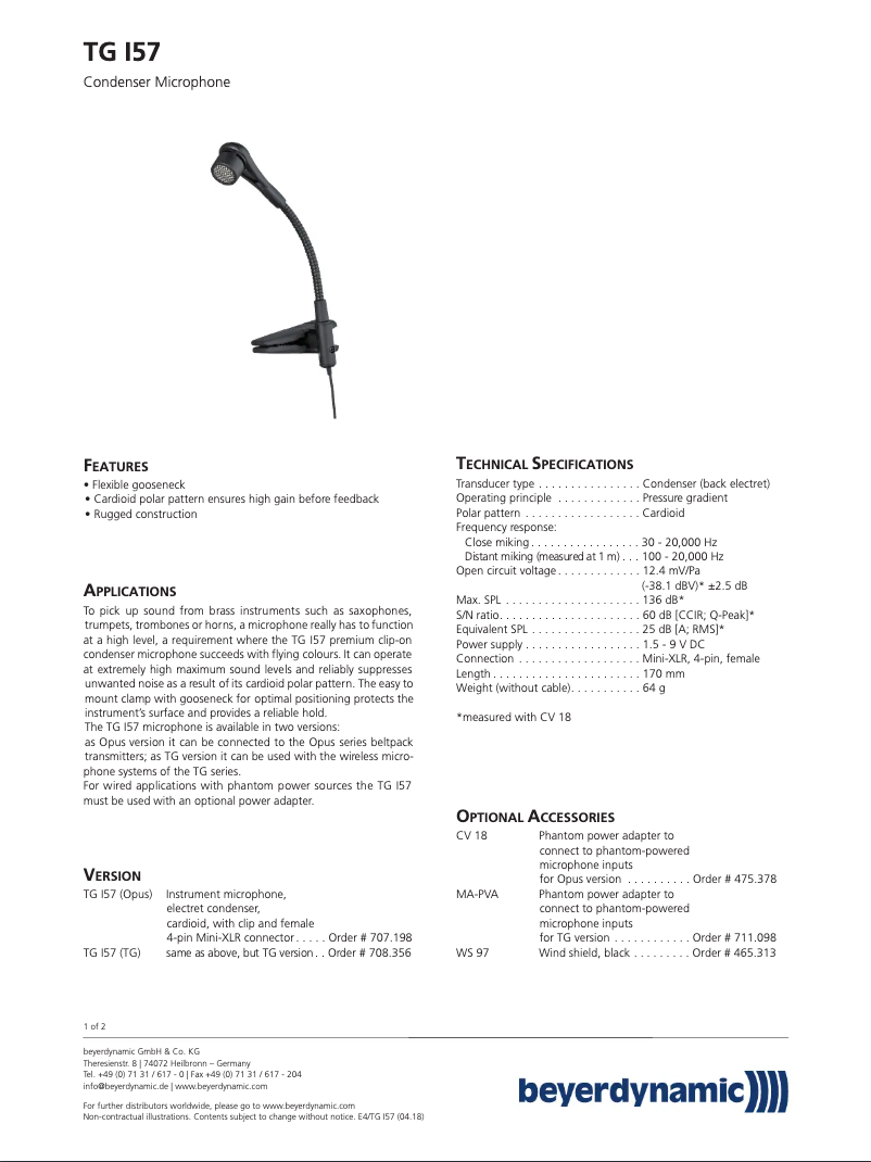 Página 1 del manual Ficha técnica Beyerdynamic TG I57