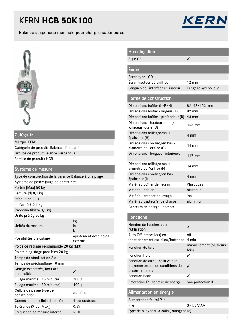 Página 1 del manual Ficha técnica Kern HCB 50K100