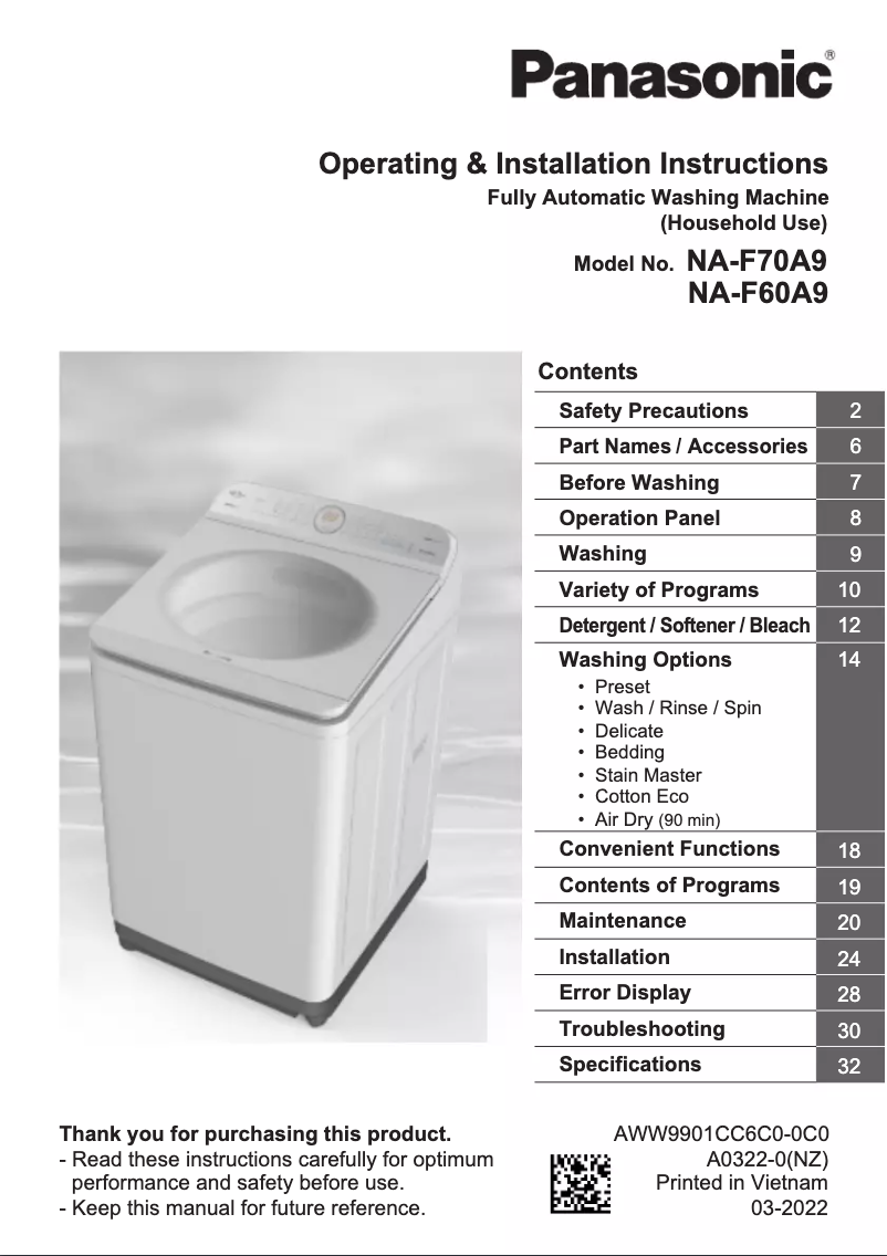 Página 1 del manual Manual de usuario Panasonic NA-F60A9