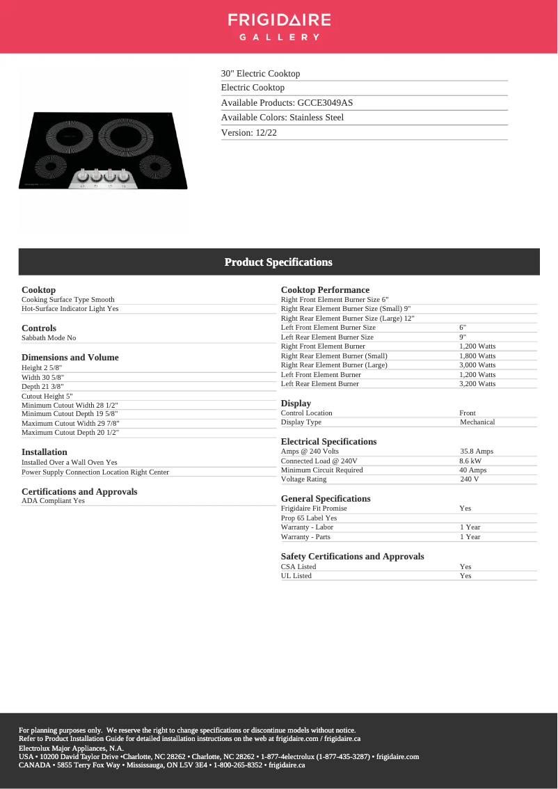 Página 1 del manual Ficha técnica Frigidaire GCCE3049AS