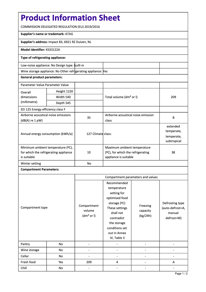 Página 1 del manual Ficha técnica Atag KS33122A