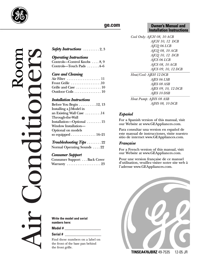 Página 1 del manual Manual de usuario GE AJCS10ACA