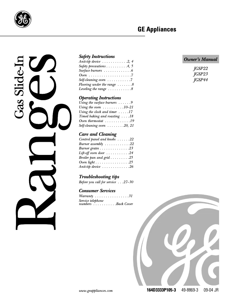 Imagen de la primera página del manual del dispositivo JGSP23WEYWW