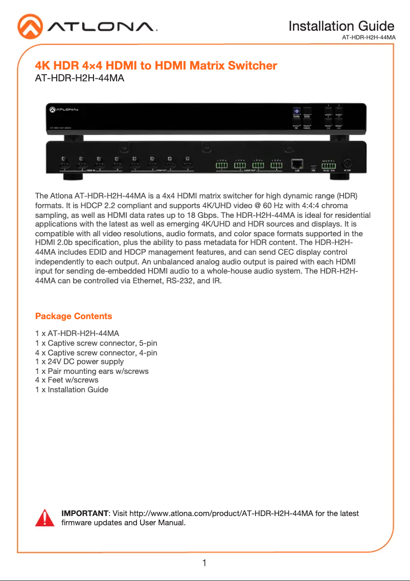 Página 1 del manual Guía de instalación Atlona AT-HDR-H2H-44MA