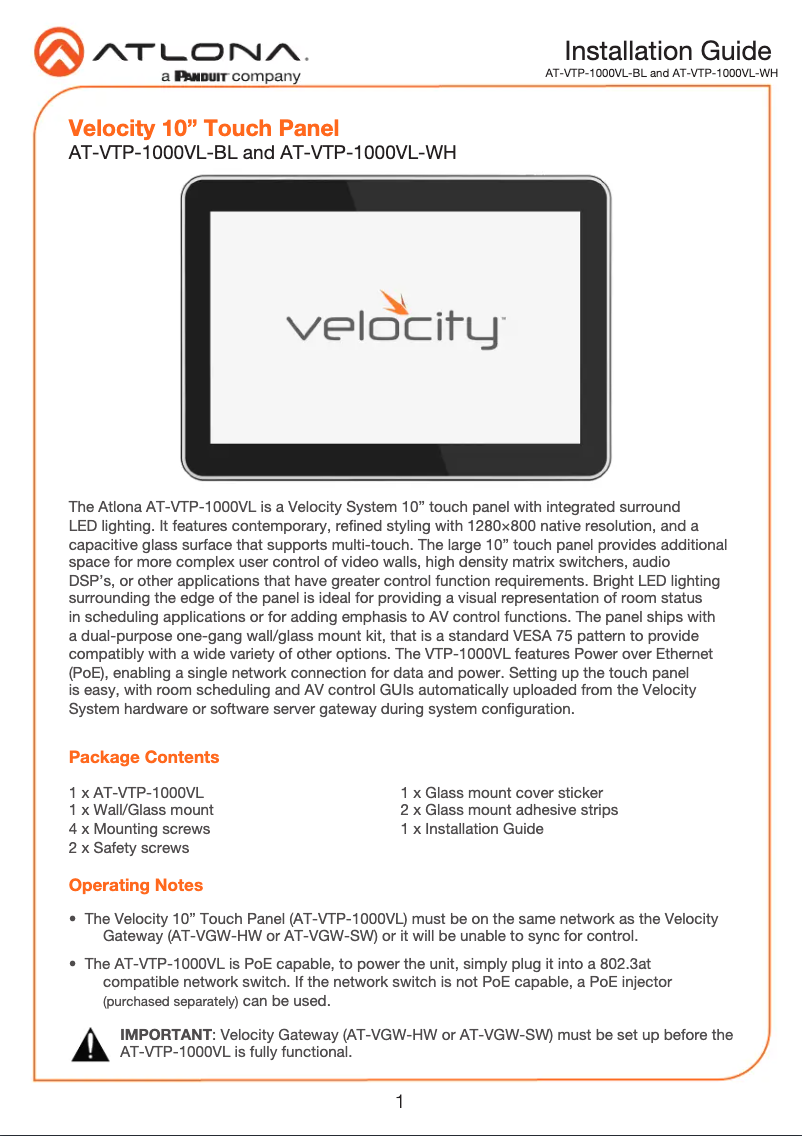 Imagen de la primera página del manual del dispositivo AT-VTP-1000VL