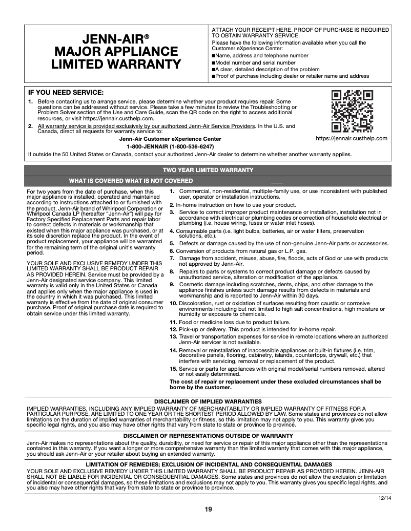 Página 1 del manual Información de garantía JennAir JJW2730DS
