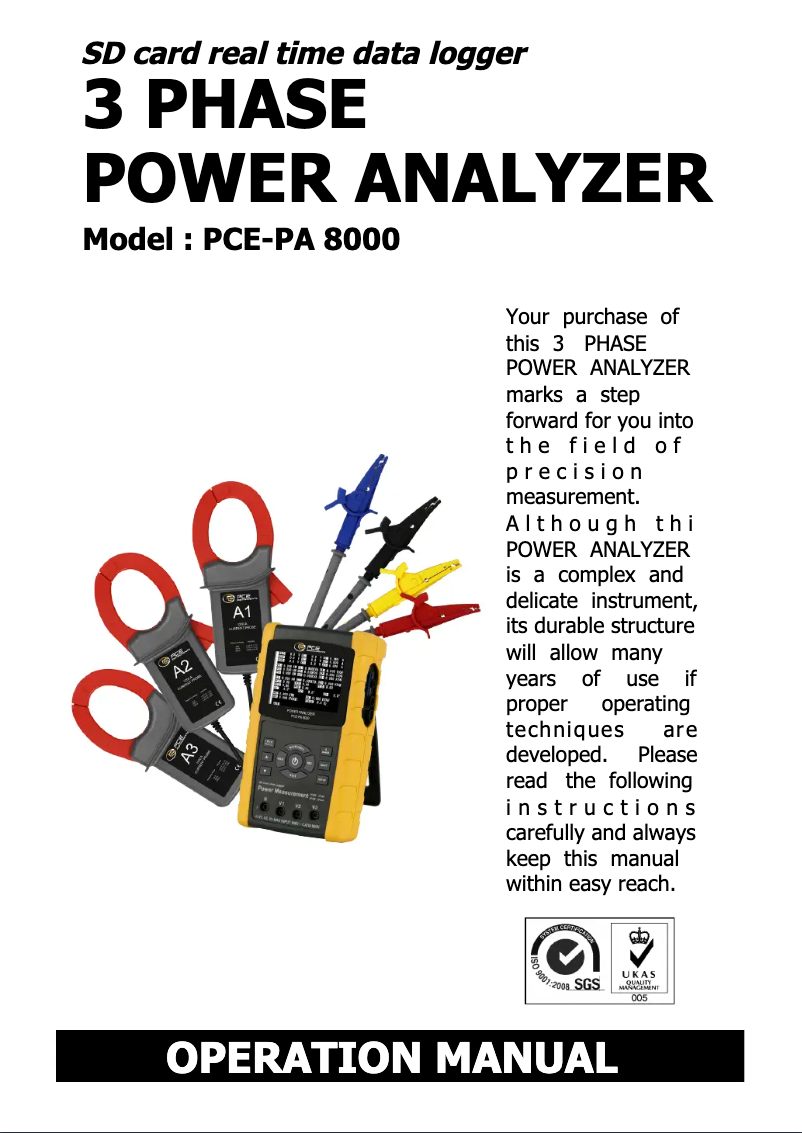 Imagen de la primera página del manual del dispositivo PCE-PA 8000