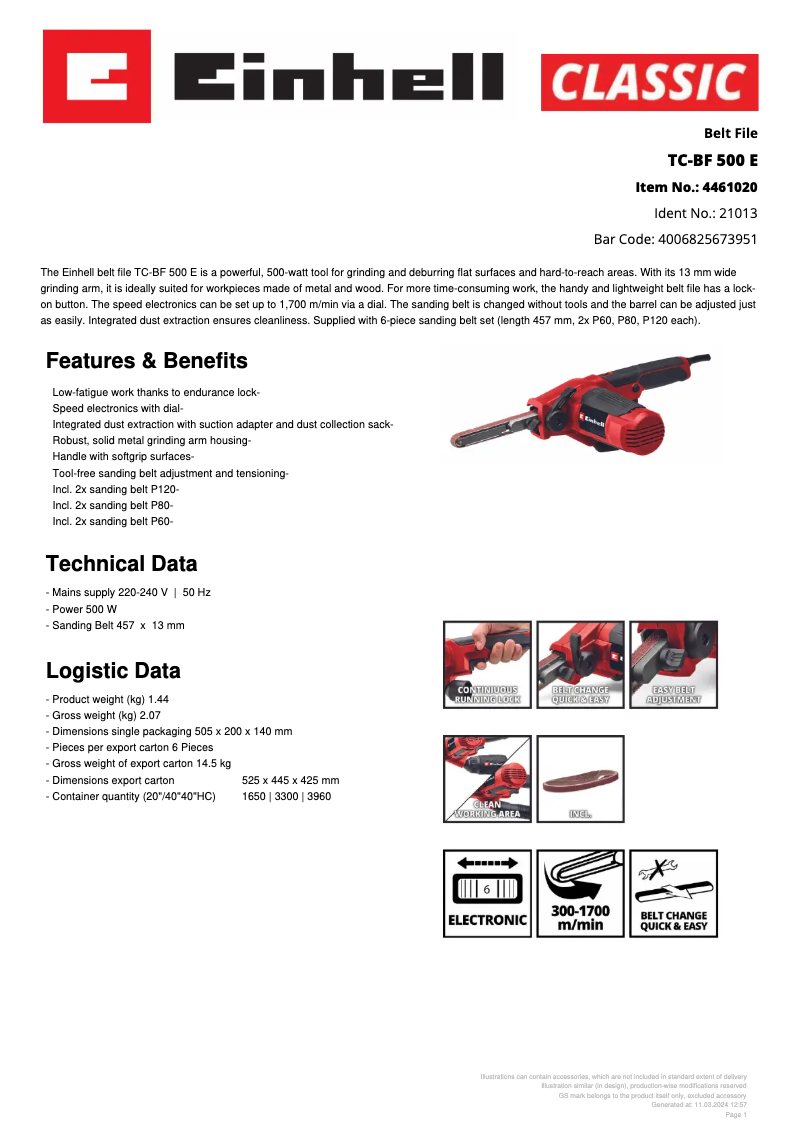 Página 1 del manual Ficha técnica Einhell TC-BF 500 E