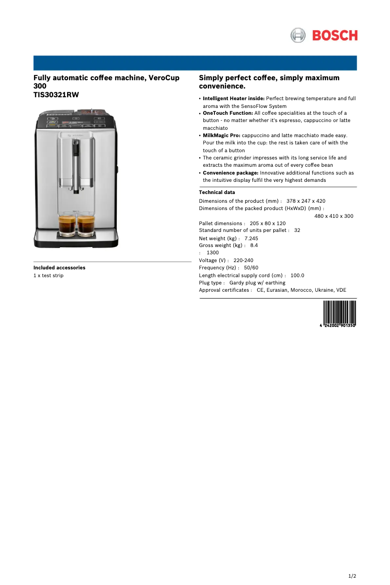 Página 1 del manual Ficha técnica Bosch VeroCup 300 TIS30321RW