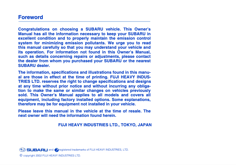 Imagen de la primera página del manual del dispositivo Impreza (2003)