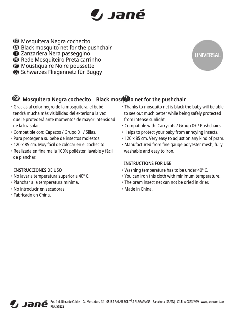 Imagen de la primera página del manual del dispositivo Universal Mosquito Net