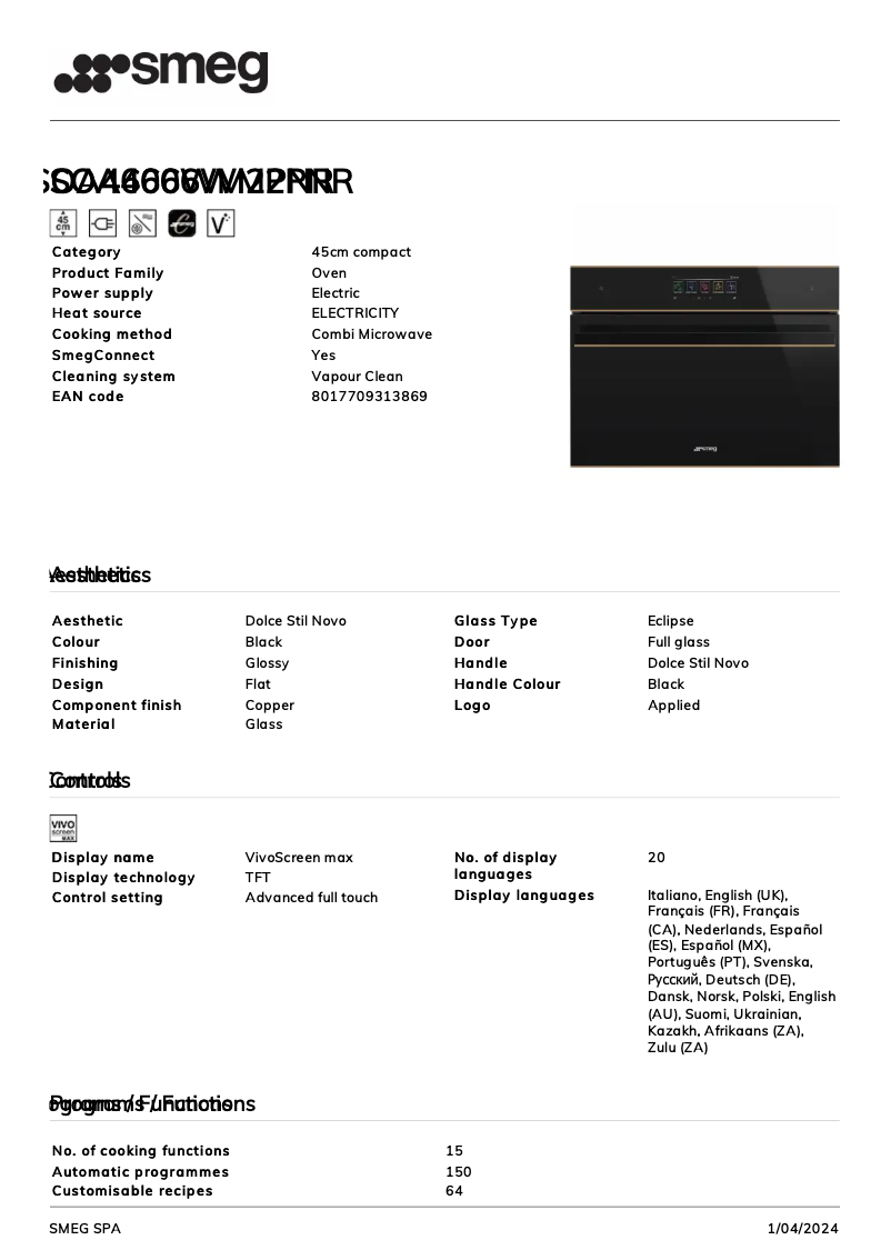 Página 1 del manual Ficha técnica Smeg SOA4606WM2PNR