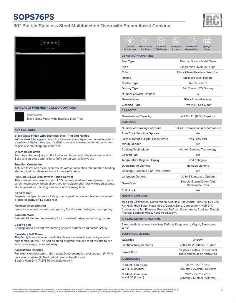 Página 1 del manual Ficha técnica Porter & Charles SOPS76PS