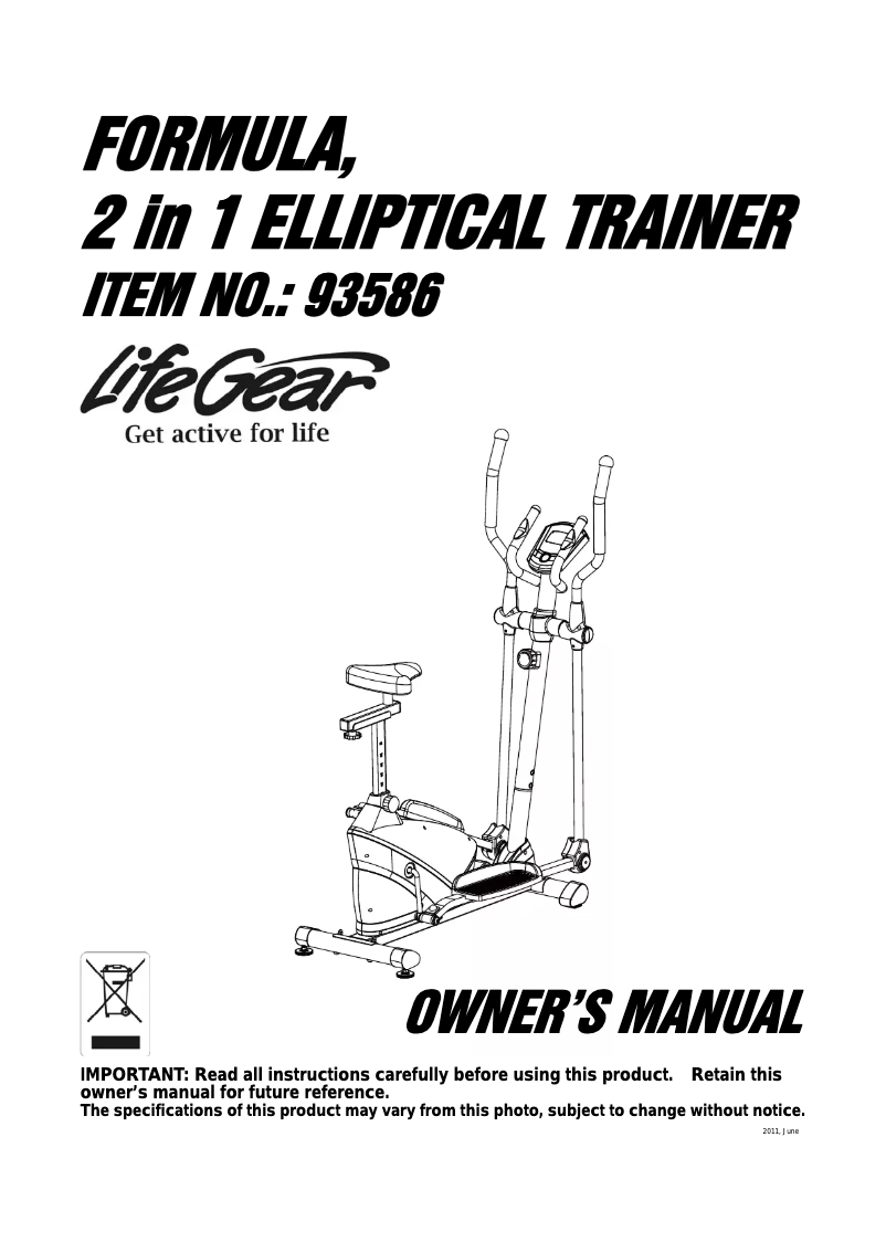 Página 1 del manual Manual de usuario Life Gear Formula 2 in 1 Elliptical Trainer 93586