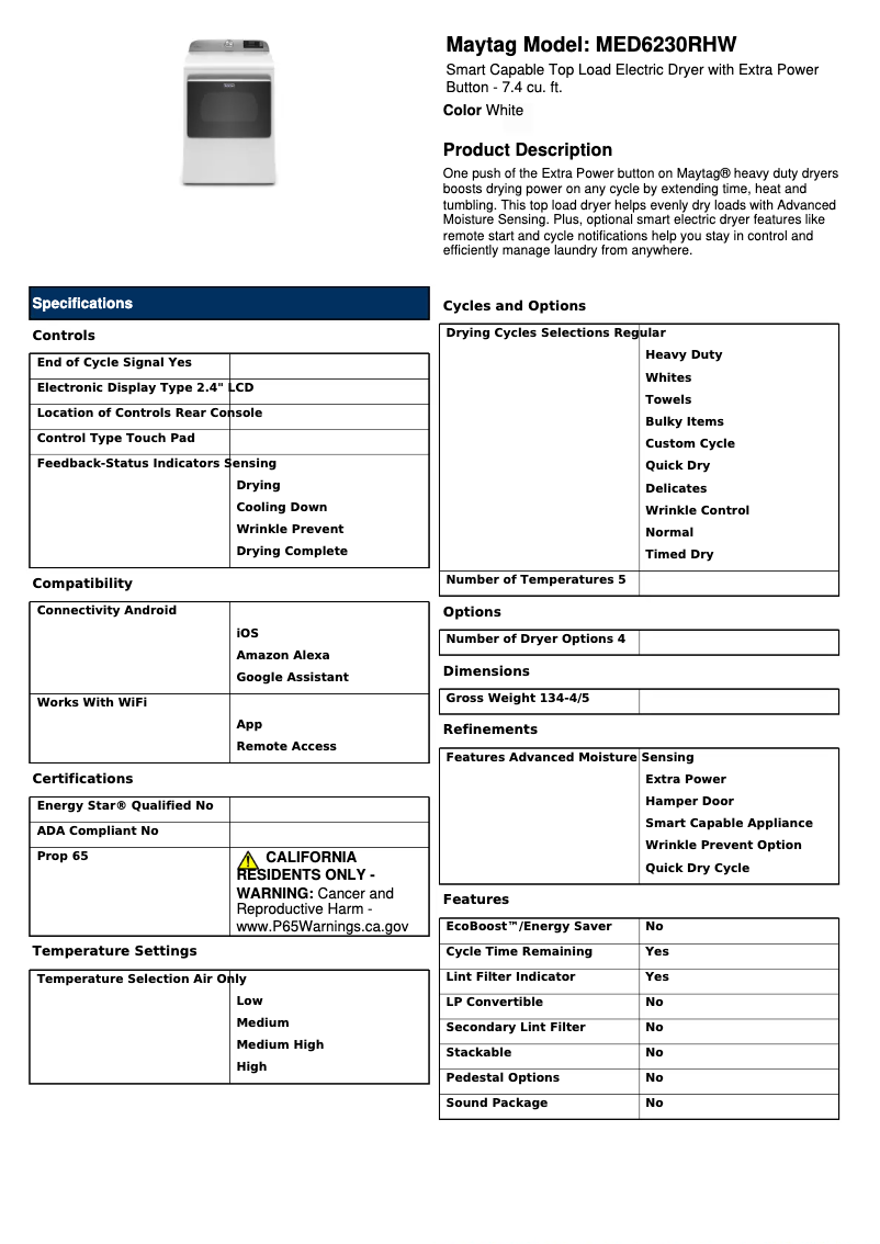 Página 1 del manual Ficha técnica Maytag MED6230RHW