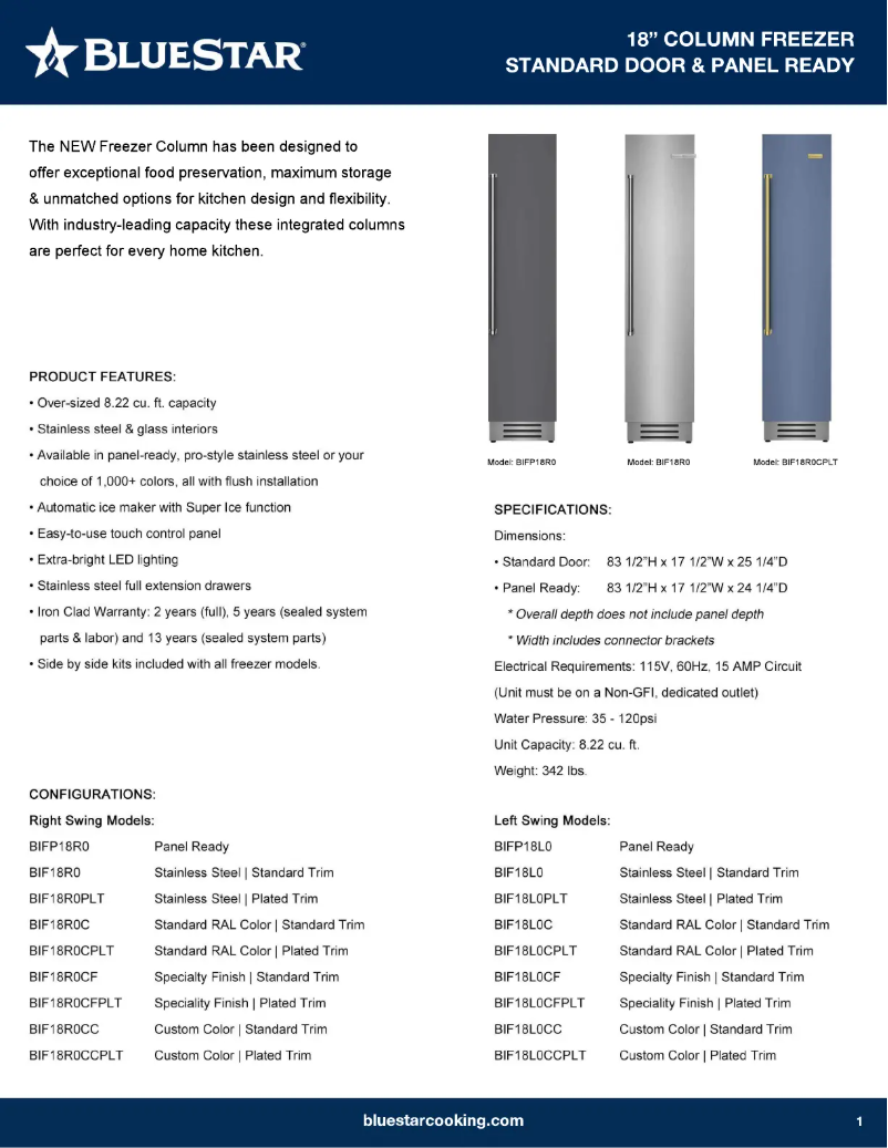 Página 1 del manual Ficha técnica BlueStar BIF18L0