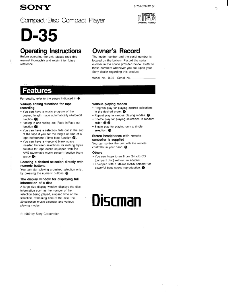 Página nº 1 - Manual de usuario Sony Discman D-35